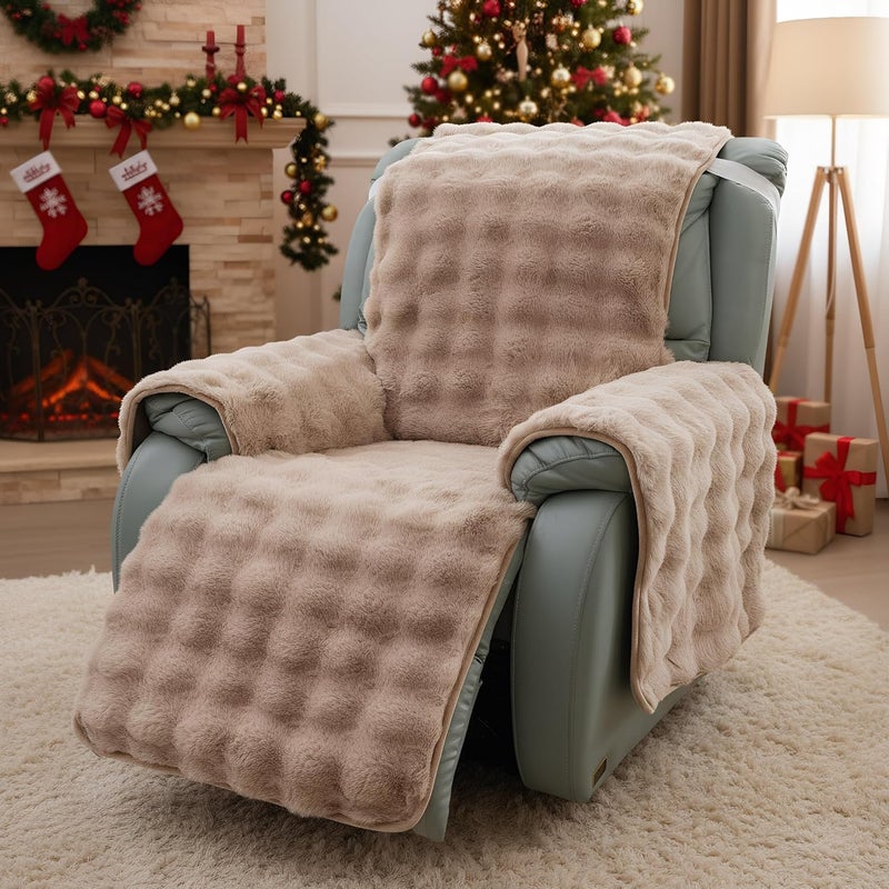 LiveGo Thick Rabbit Plush Recliner Slipcover 23 Inches Chair Covers Lazy Boy Recliner Chair Cover Quilted Cover for Recliner Chairs and Furniture (Light Brown) - Image 1